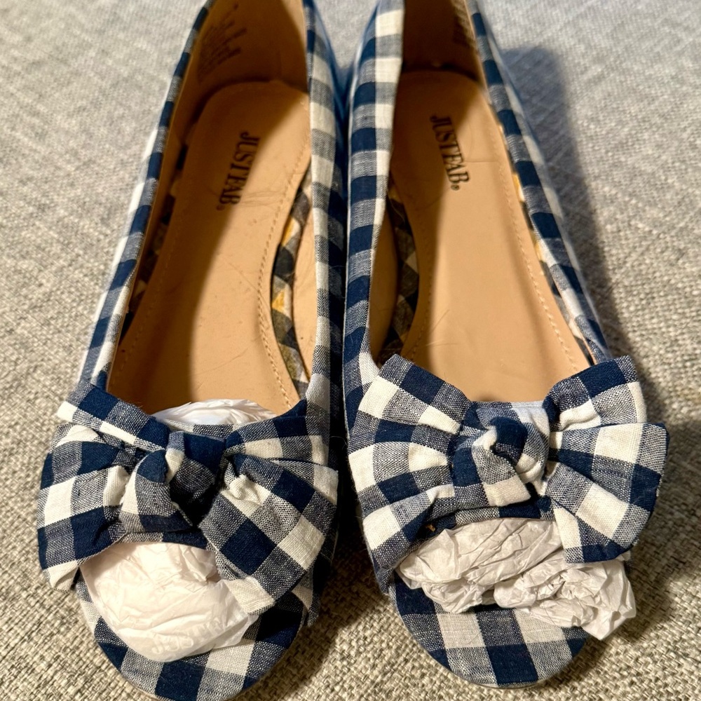 JustFab Navy and White Checkered Bow Flats.